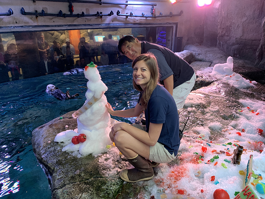 Katie and Hugh build a snowman for the otters 2018