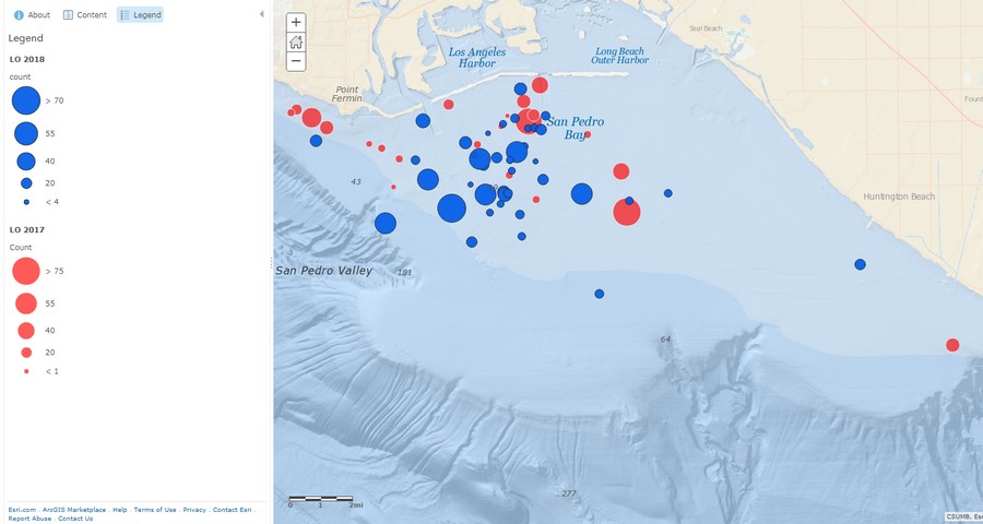 Pacific white-sided dolphin sighting map, 2017 is red and 2018 is blue