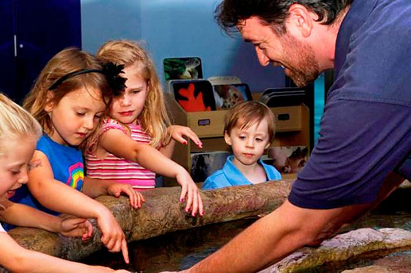 Instructor with children at touchpool