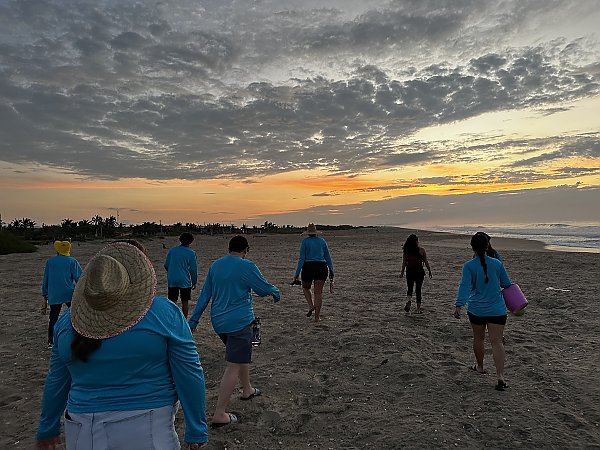 Students walk away towards sunrise on a beach.