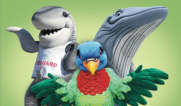 Shark, lorikeet, and blue whale Aquarium mascots