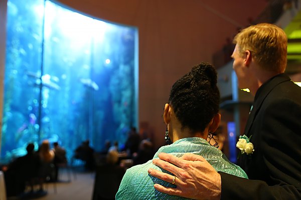 Couple looking at a large exhibit.