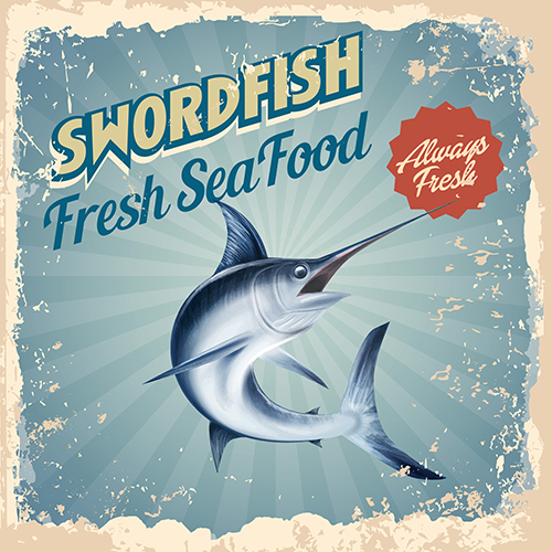 Illustration of swordfish on a sign with the words