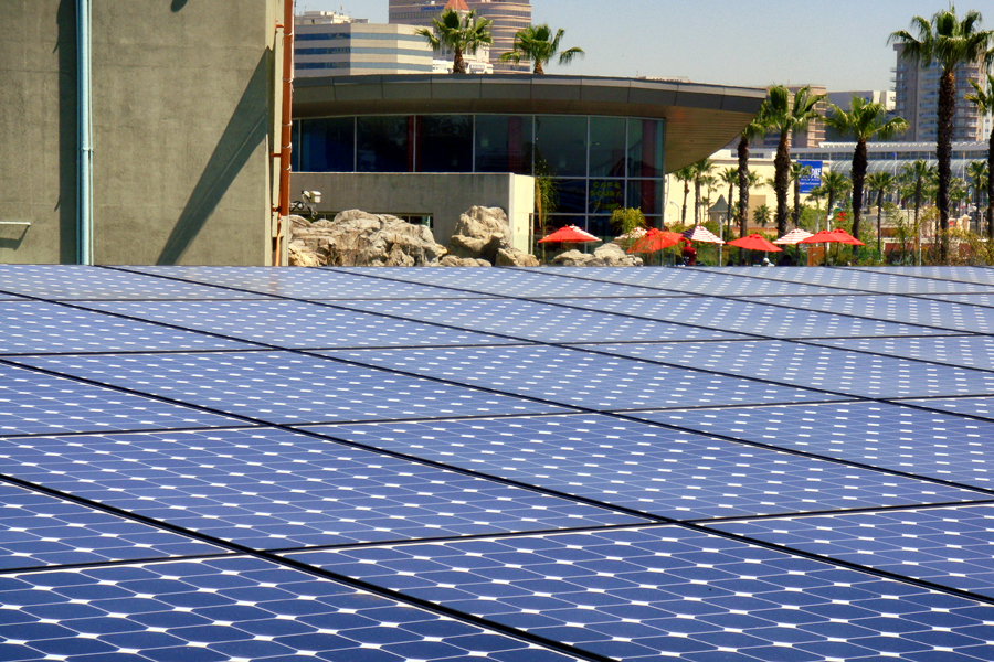 Solar panels with Aquarium building in the background