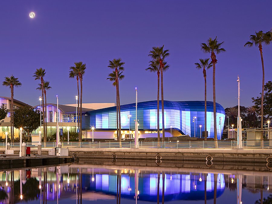 Pacific Visions Exterior at night from harbor