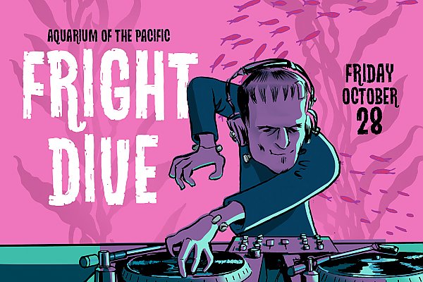 Fright Dive 2022 Flyer - Frankenstein DJ cartoon with a pink background