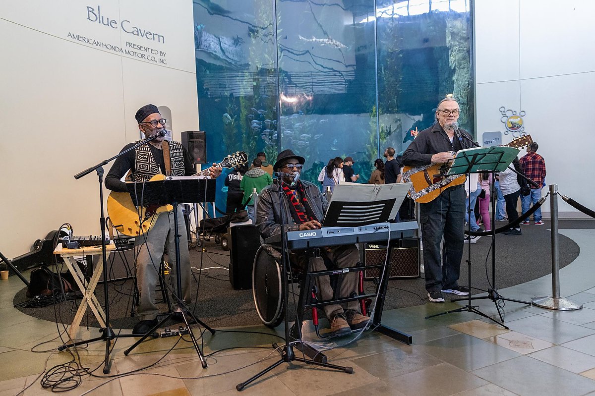 Band Per Se performs in front of Honda Blue Cavern during African American Festival at the Aquarium of the Pacific