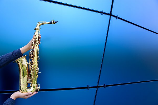 Saxophone in front of Pacific Visions