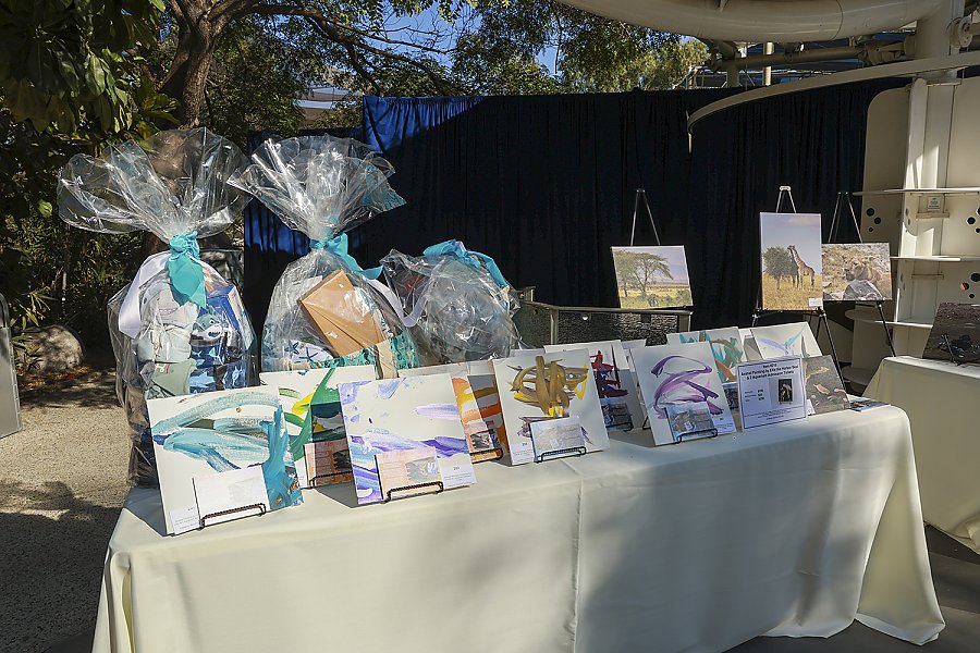 auction baskets and items on a table