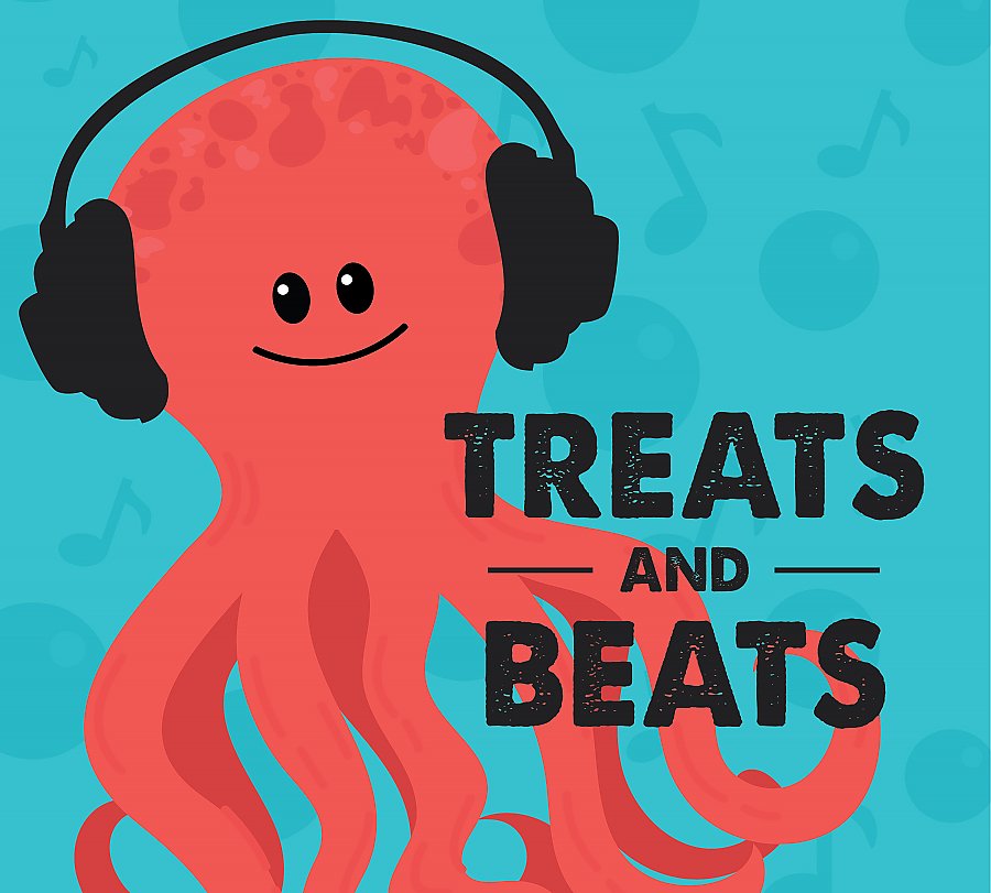 Smiling octopus with headphones illustration