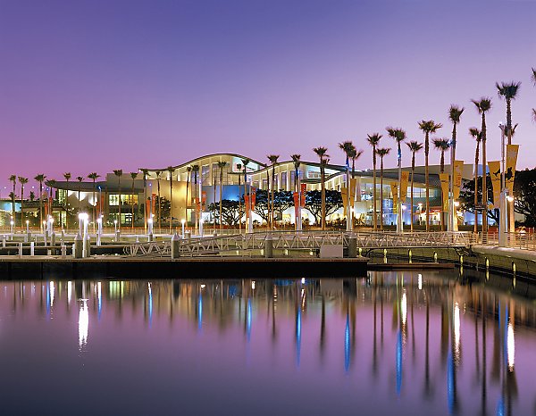 Aquarium exterior at purple dusk