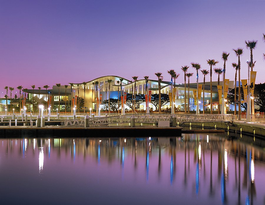 Aquarium exterior at purple dusk
