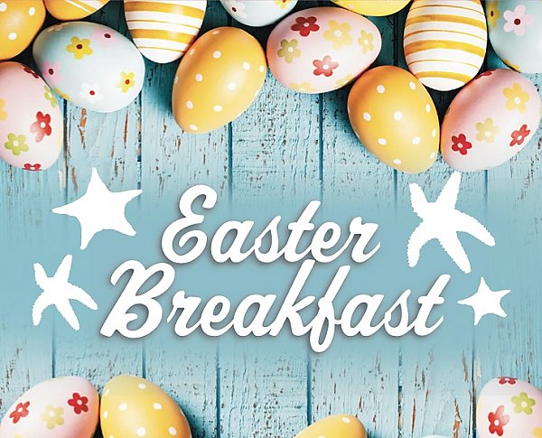 Easter Breakfast text over blue planks bordered by colorful Easter eggs