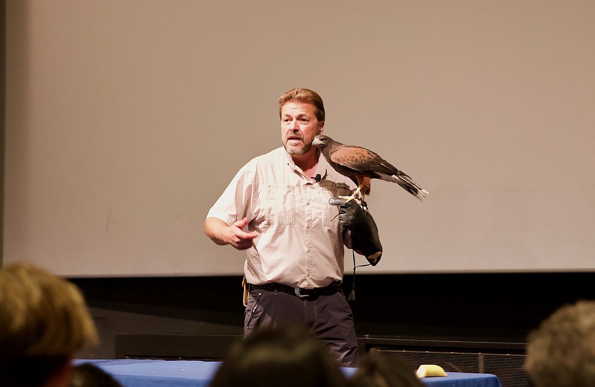 A man holds a bird of prey in front of an audience as he gives a talk