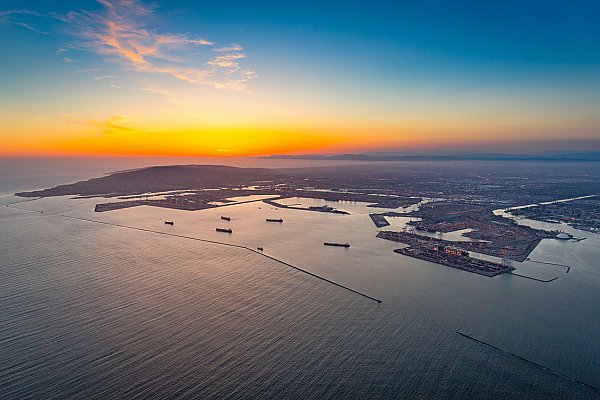Aerial view of port of Long Beach at sunset