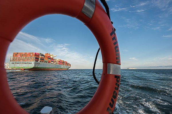Photograph pf a container ship on the ocean viewed through rescue ring buoy labeled Triumphant