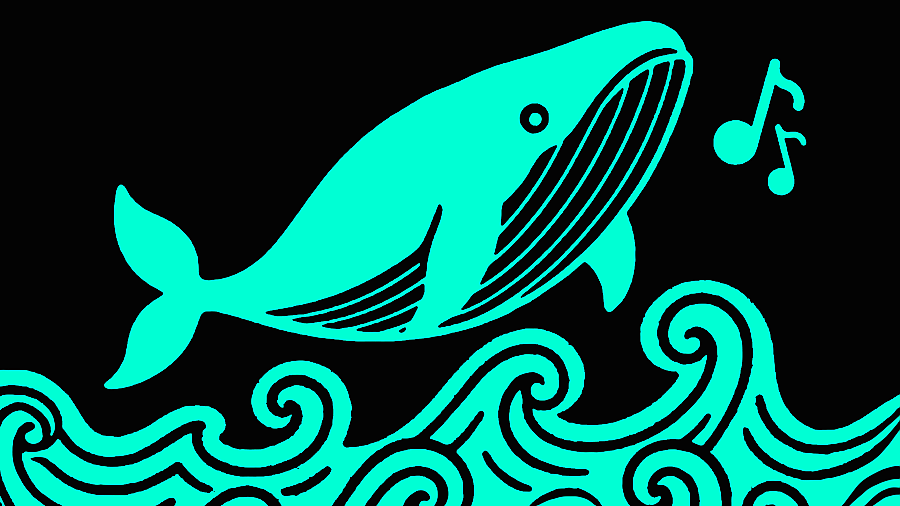 A teal colored design with a whale and two music notes over some waves all with a black background