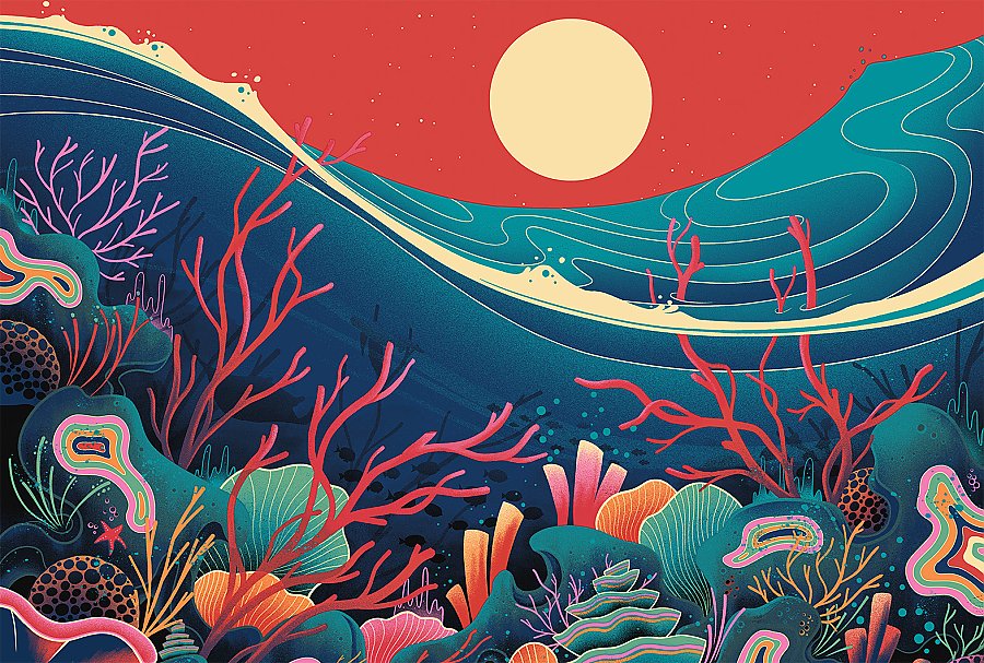 color artwork of a coral reef under a wave with a yellow sun on a red background