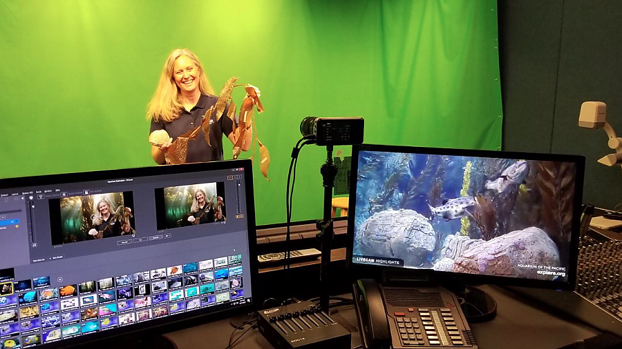 Academy educator in front of a green screen with broadcasting equipment in the foreground