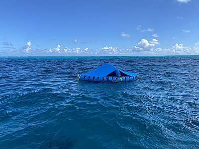 A blue raft acting as a floating lab sits on a blue ocean.