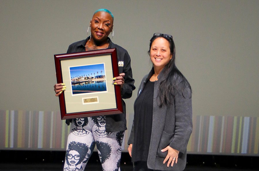 Shirley Raines with Emily Yam, Aquarium's director of learning and public engagement