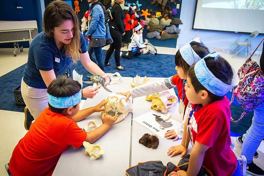 Educator with three kids and turtle skeleton