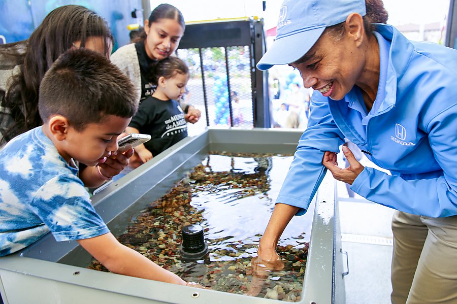 Kids and educator at touch tank