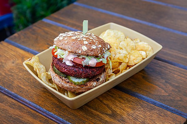Plant-Based Wicked Jalapeno Burger and potato chips