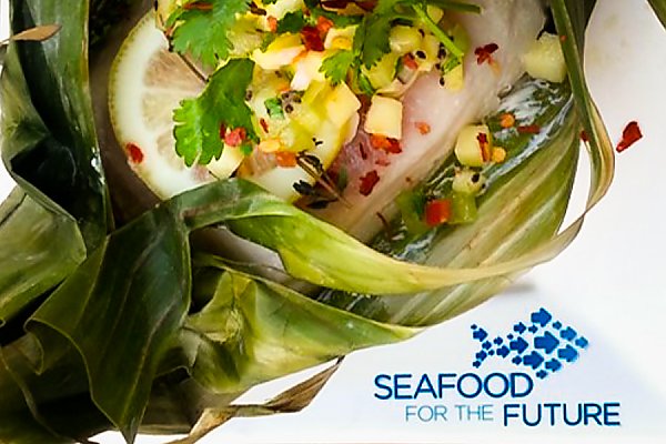 Filet of fish with salsa and Seafood for the Future logo