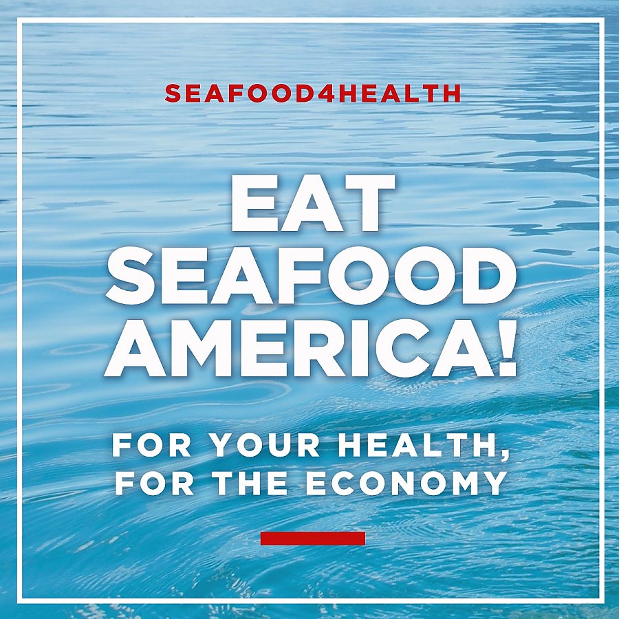 The words "Eat seafood, America! For your health, for the economy" with water in the background.