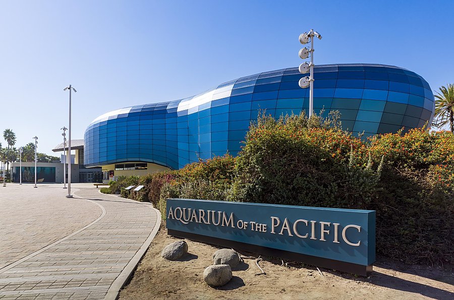 Aquarium of the Pacific sign on front plaza on a sunny day