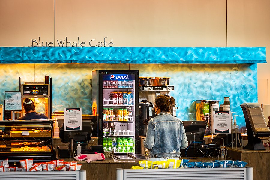 Guest ordering food at the Blue Whale Cafe counter