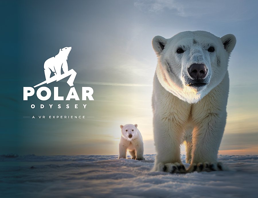 Two polar bears approach the viewer on an icy tundra. Text: Polar Odyssey - A VR Experience