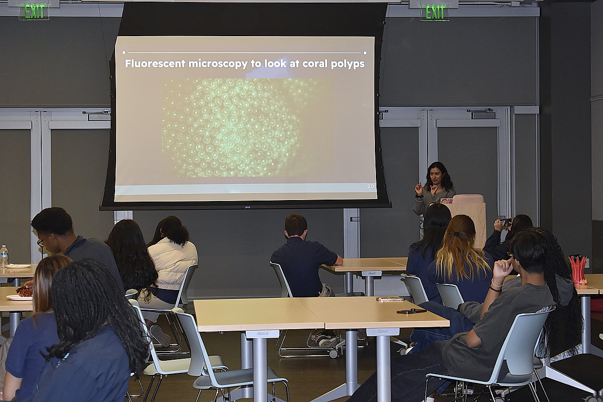 students sit at tables during a lecture with a screen and projection at the front