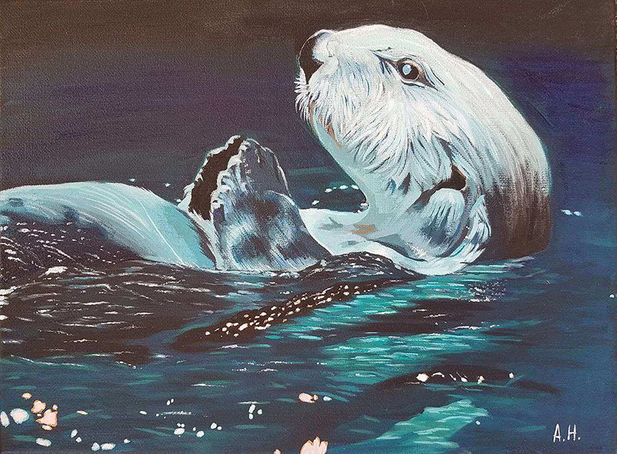 Painting of otter swimming on its back