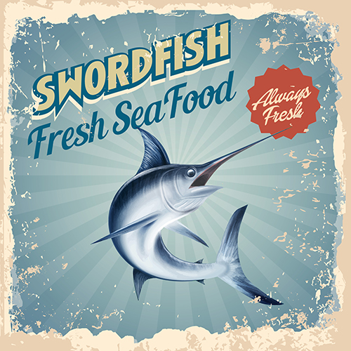 Illustration of swordfish on a sign with the words "Swordfish, Fresh Seafood, Always Fresh"
