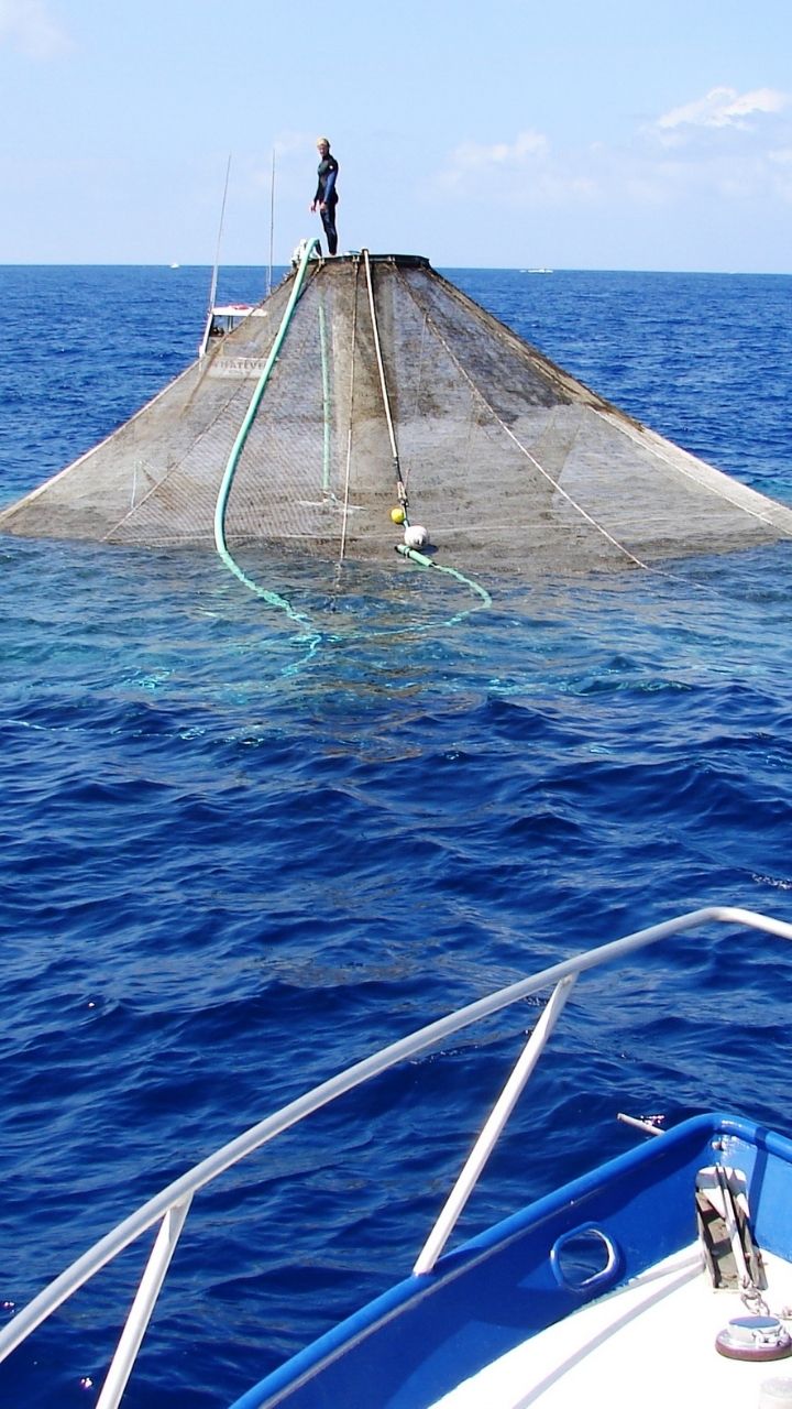 Person stands on top of finfish net pen used for aquaculture as it surfaces.