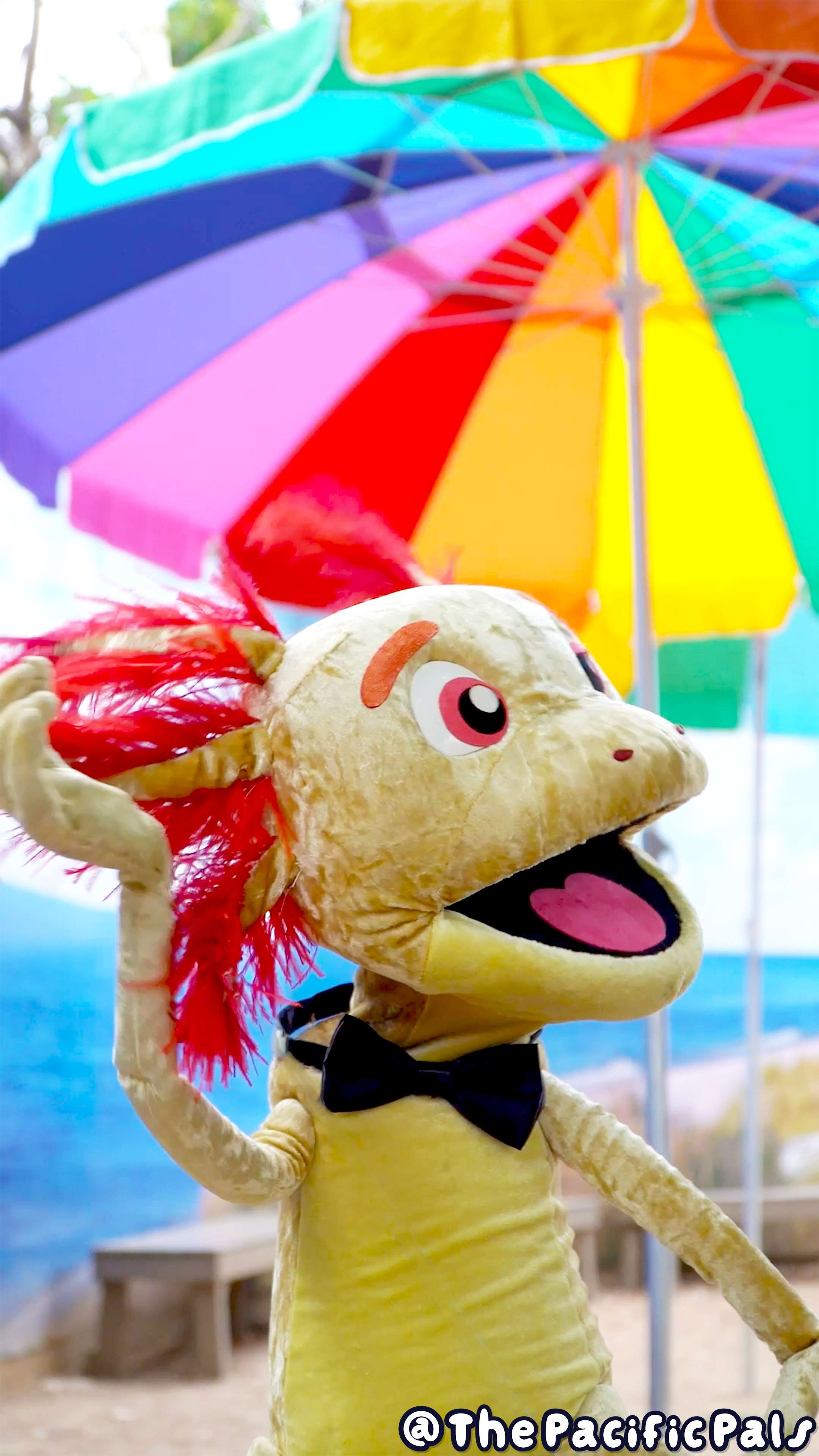 Axl the Axolotl strikes a pose in front of a rainbow colored umbrella.