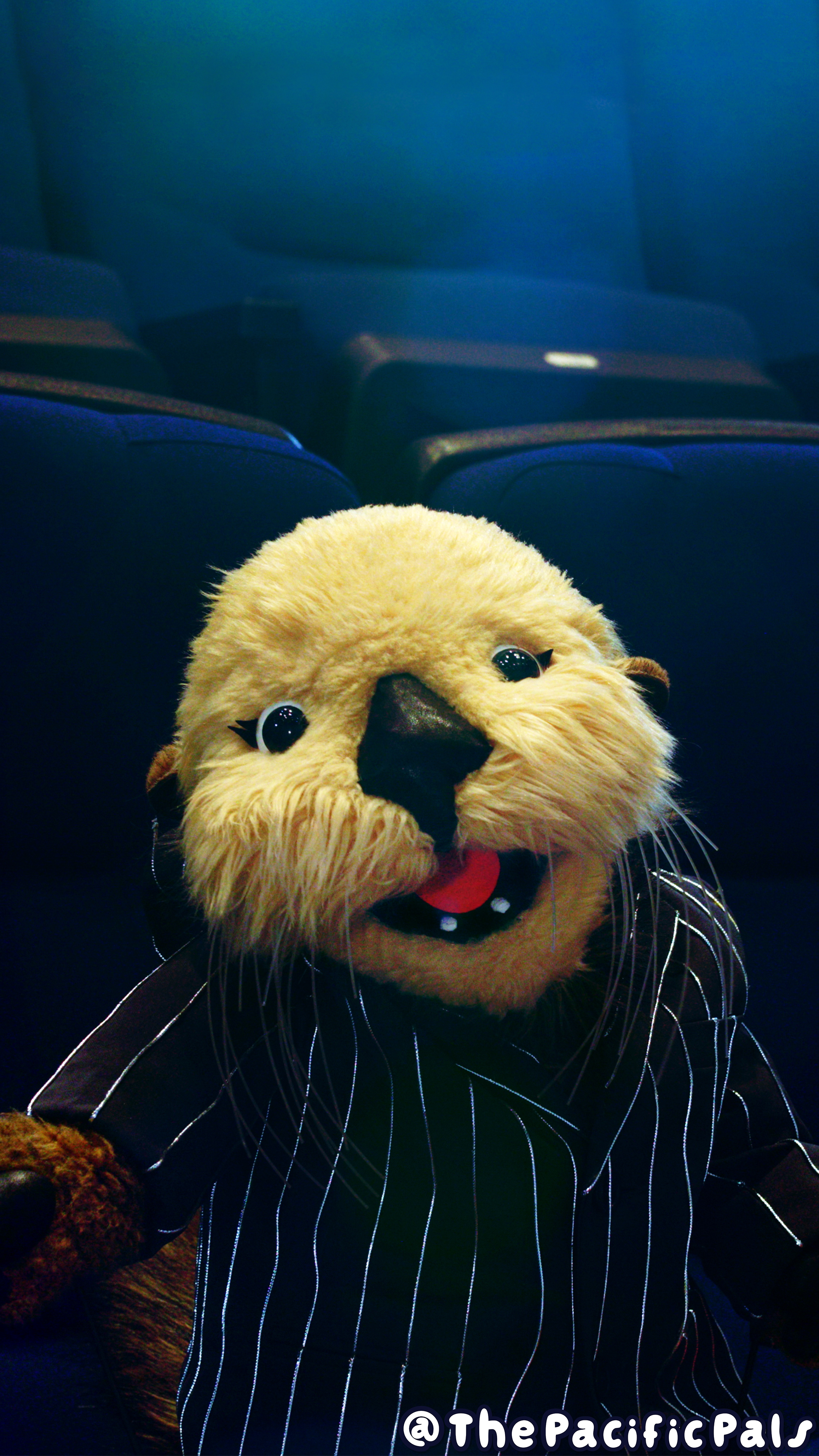 Elsie Otter wears a silver striped suit and smiles in a movie theater.