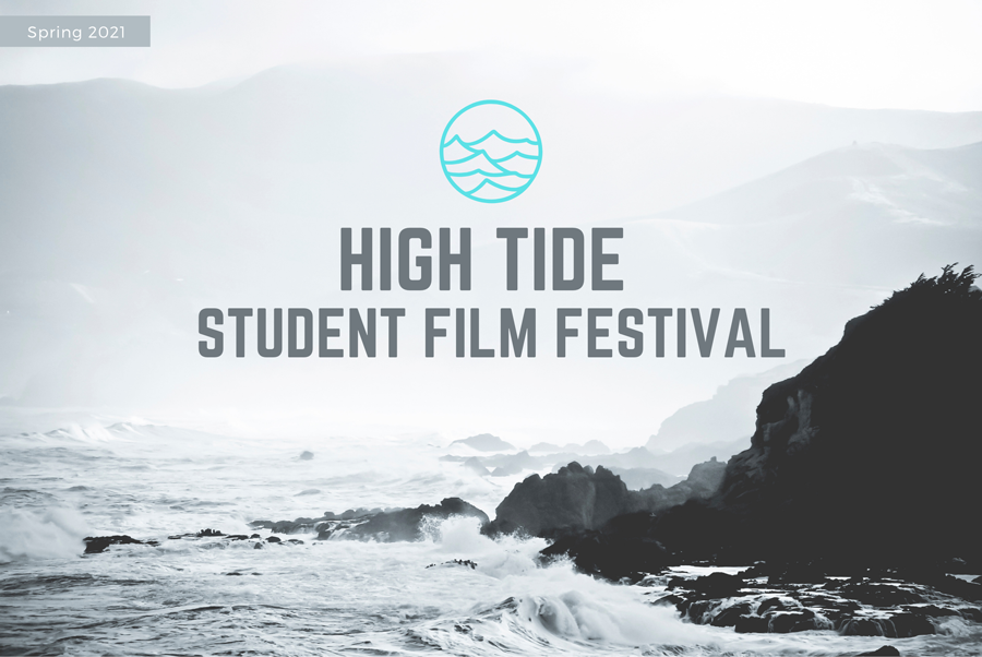 High Tide Student Film Festival key word art over a black and white rocky coast with splashing waves
